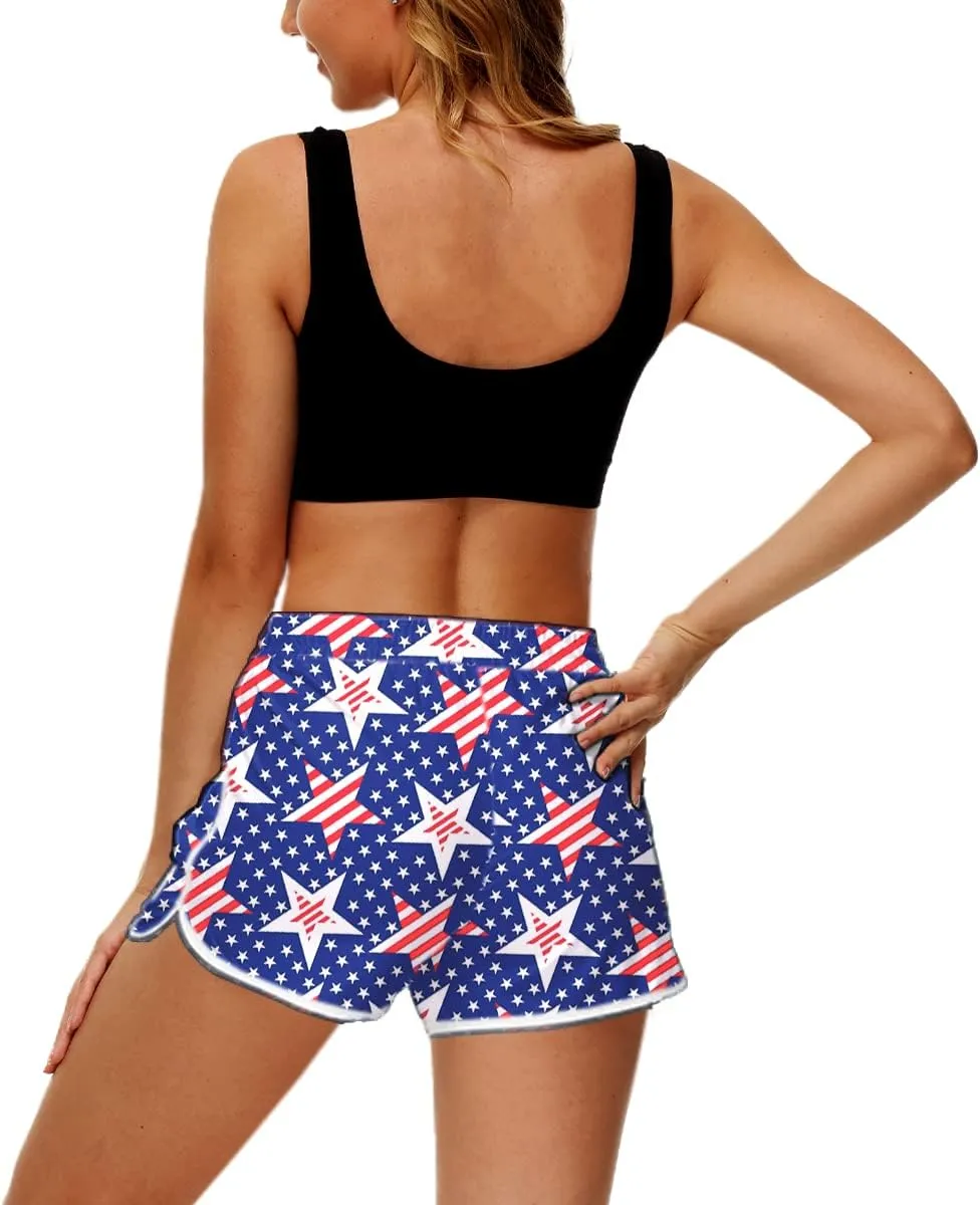 Deerose Women 4th of July Board Shorts Hawaiian Tropical Print Beach Swim Shorts with Pockets