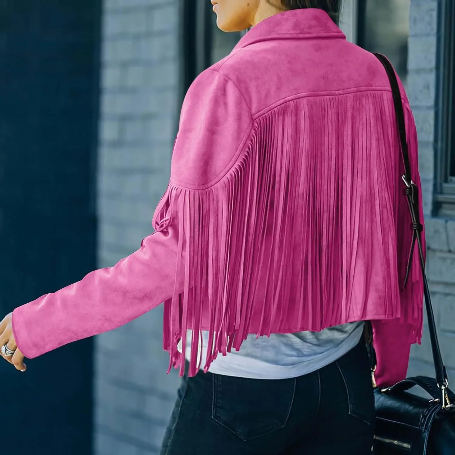 DESKABLY Women Fashion Cropped Tassel Fringe Faux Suede Leather Jacket Fall Winter Long Sleeve Lapel Neck Moto Coat Outwear