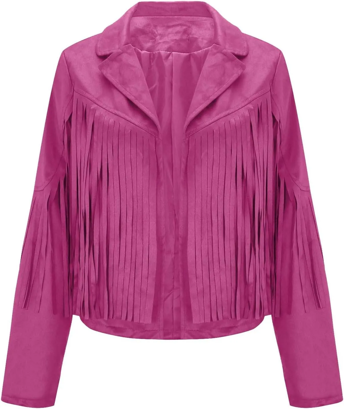 DESKABLY Women Fashion Cropped Tassel Fringe Faux Suede Leather Jacket Fall Winter Long Sleeve Lapel Neck Moto Coat Outwear