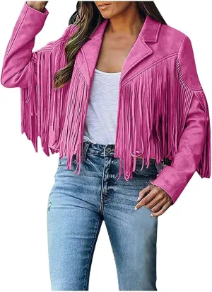 DESKABLY Women Fashion Cropped Tassel Fringe Faux Suede Leather Jacket Fall Winter Long Sleeve Lapel Neck Moto Coat Outwear