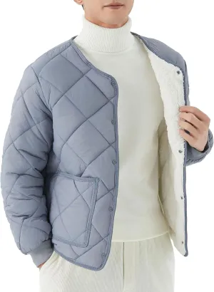 DGHM-JLMY Men Fleece Long-Sleeved Diamond Quilted Jacket Solid V Neck Cotton Coat Winter Warm Padded Coats Outwear
