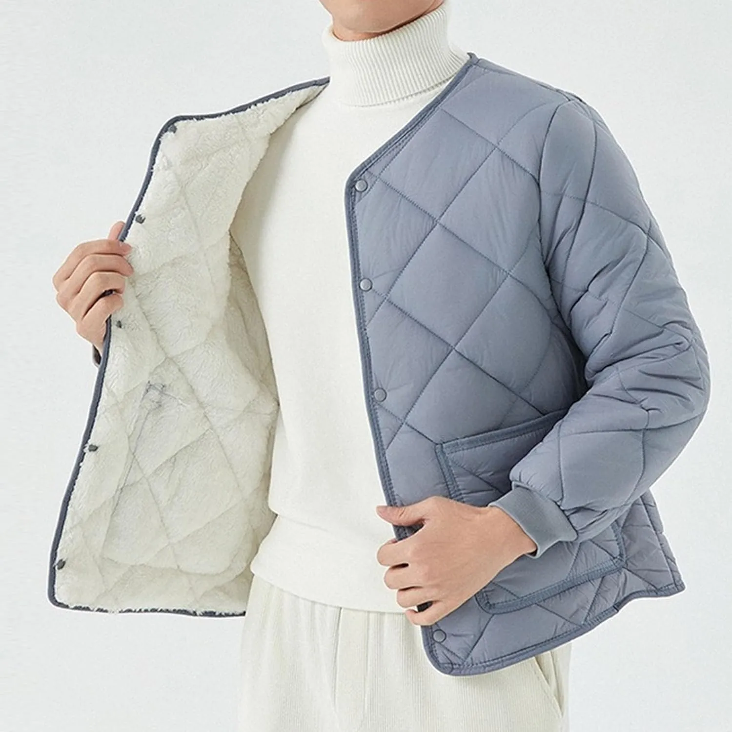 DGHM-JLMY Men Fleece Long-Sleeved Diamond Quilted Jacket Solid V Neck Cotton Coat Winter Warm Padded Coats Outwear