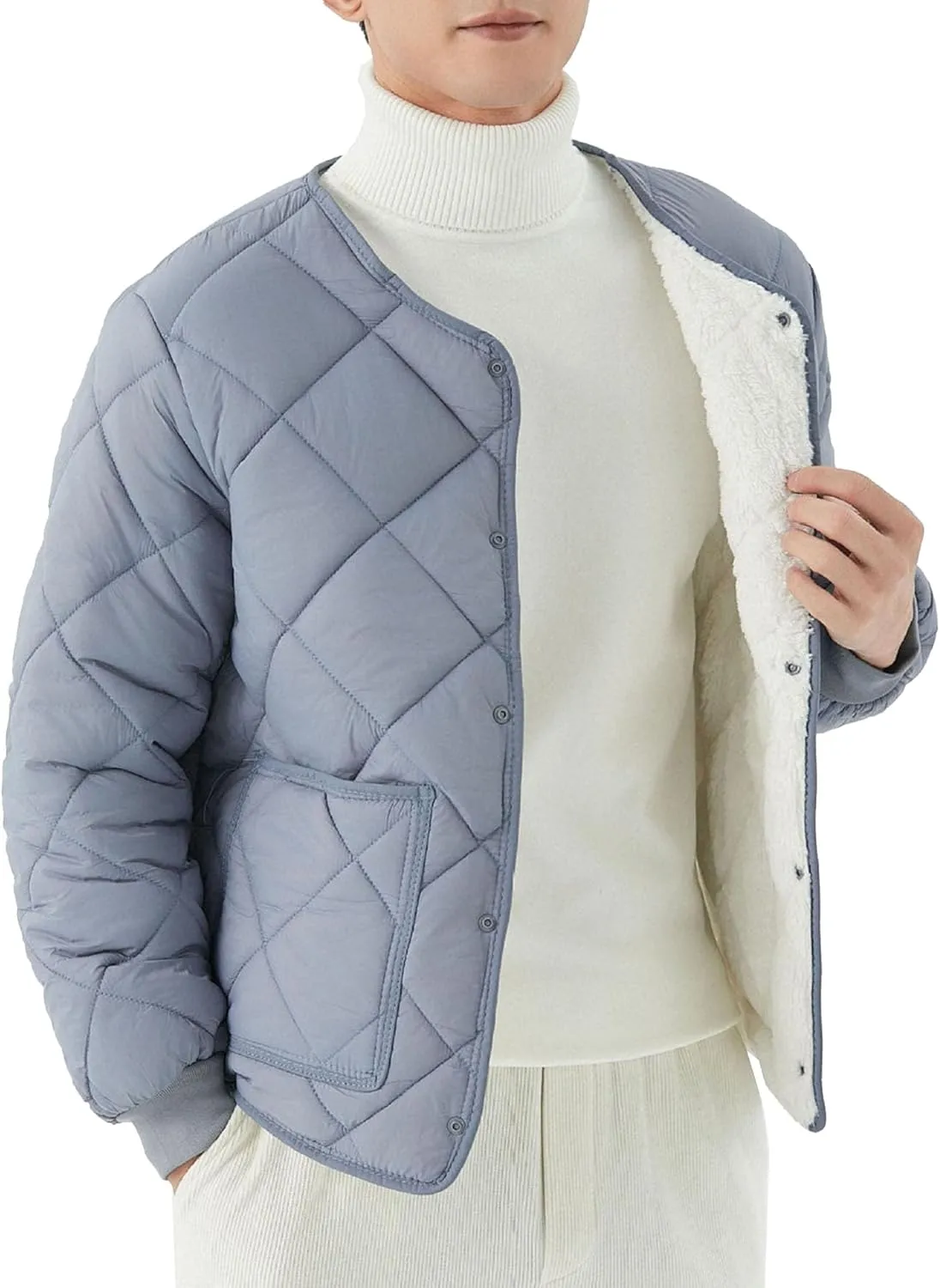 DGHM-JLMY Men Fleece Long-Sleeved Diamond Quilted Jacket Solid V Neck Cotton Coat Winter Warm Padded Coats Outwear