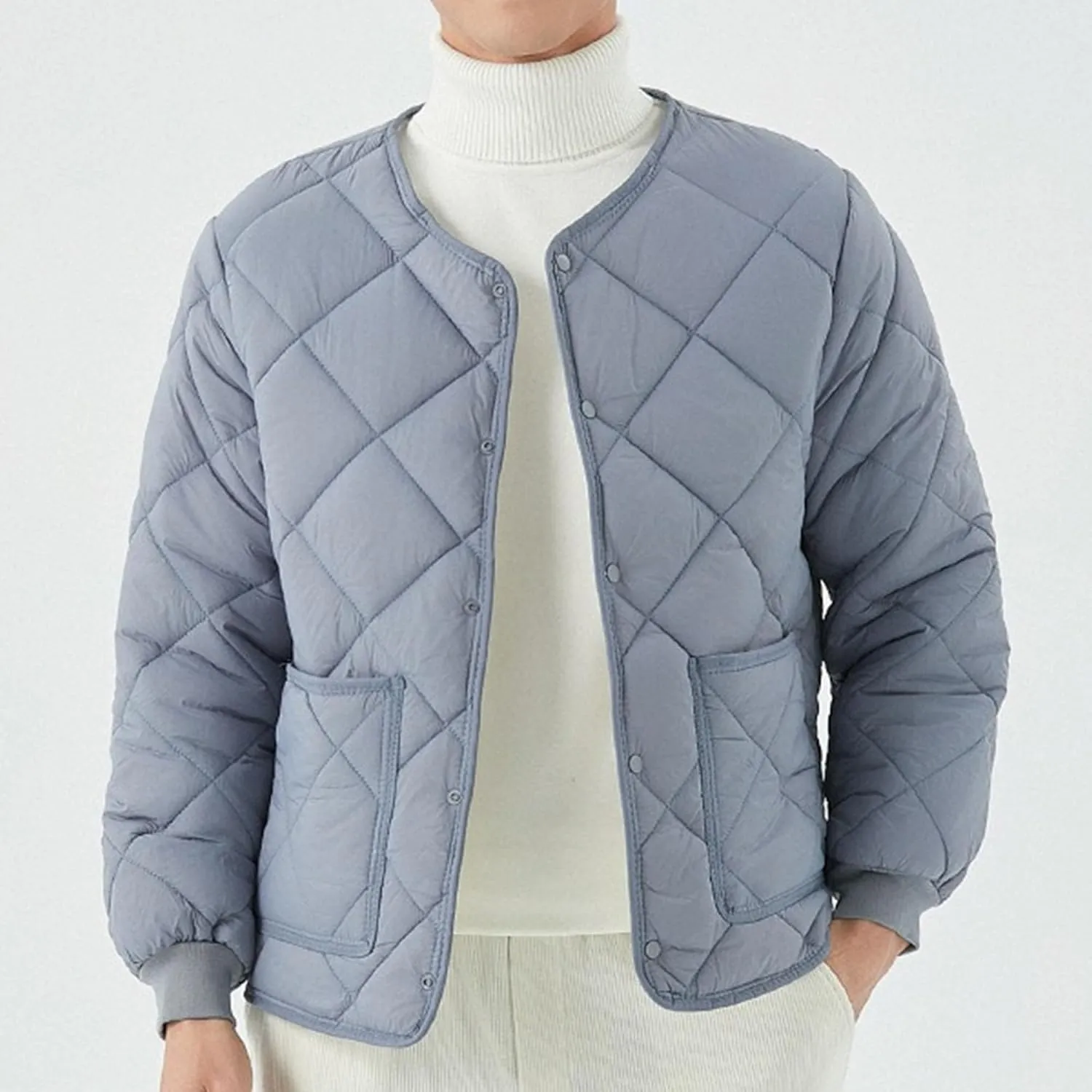 DGHM-JLMY Men Fleece Long-Sleeved Diamond Quilted Jacket Solid V Neck Cotton Coat Winter Warm Padded Coats Outwear