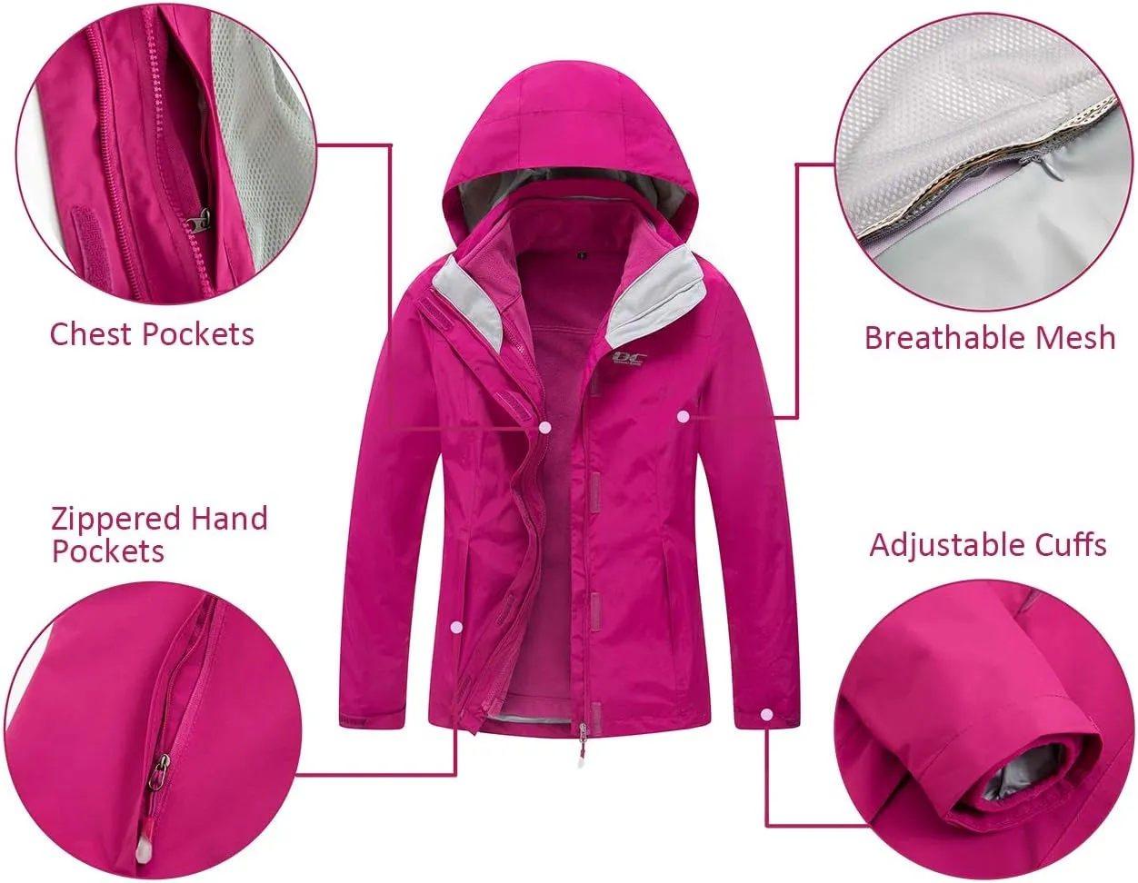 Diamond Candy Womens 3-in-1 Winter Jacket Waterproof Rain Coat with Hood Warm Fleece Ski Jackets