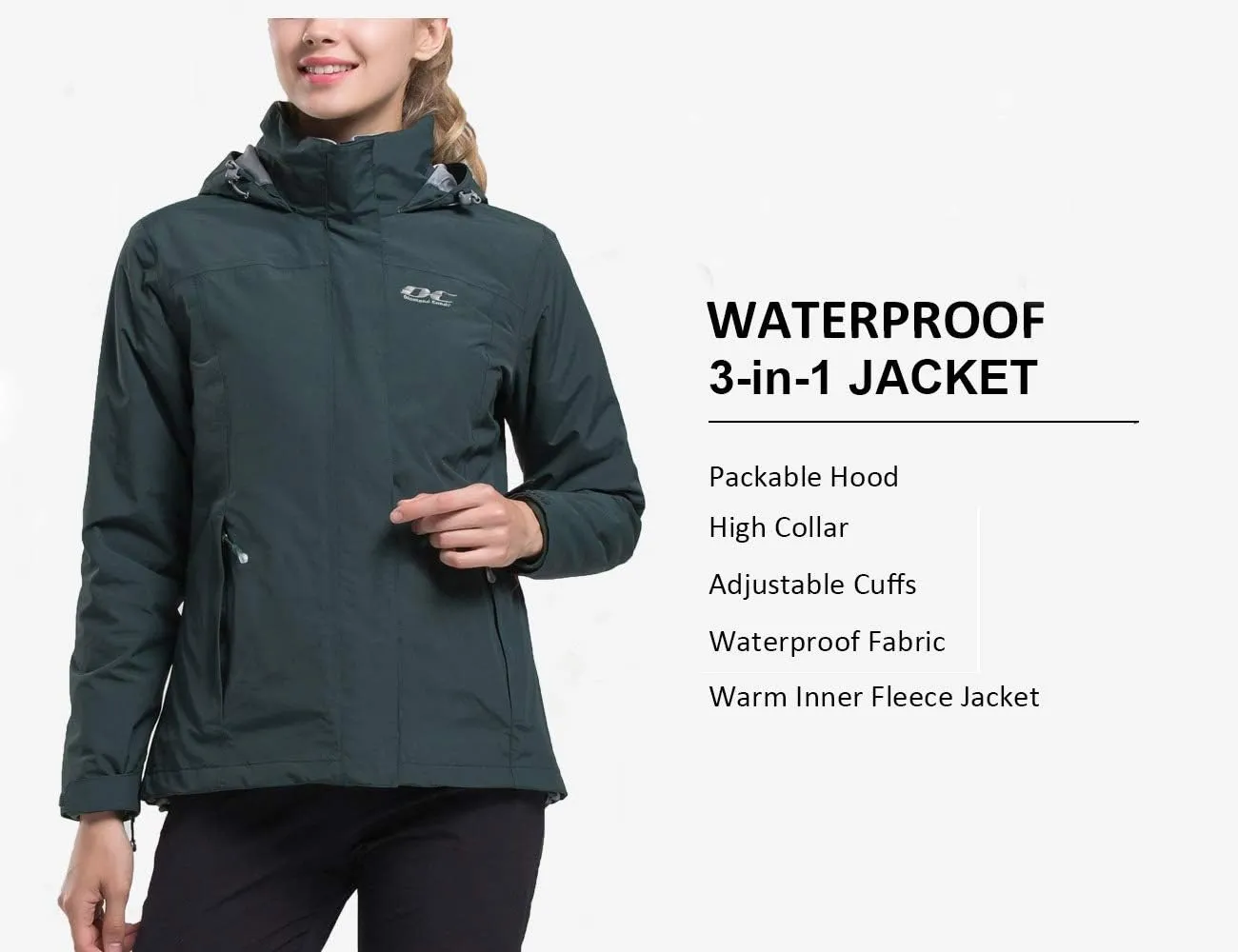 Diamond Candy Womens 3-in-1 Winter Jacket Waterproof Rain Coat with Hood Warm Fleece Ski Jackets