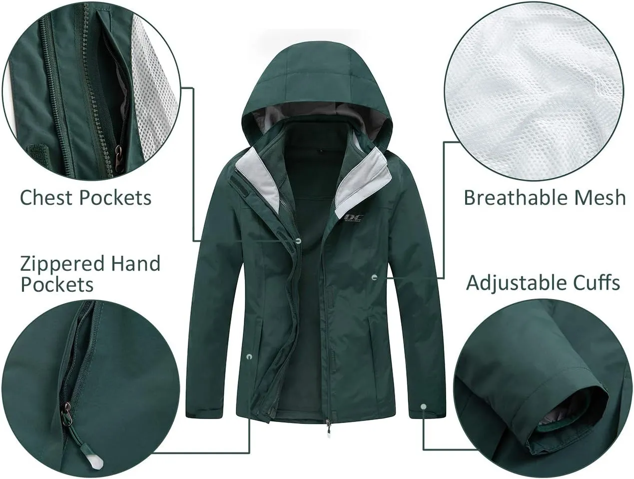 Diamond Candy Womens 3-in-1 Winter Jacket Waterproof Rain Coat with Hood Warm Fleece Ski Jackets