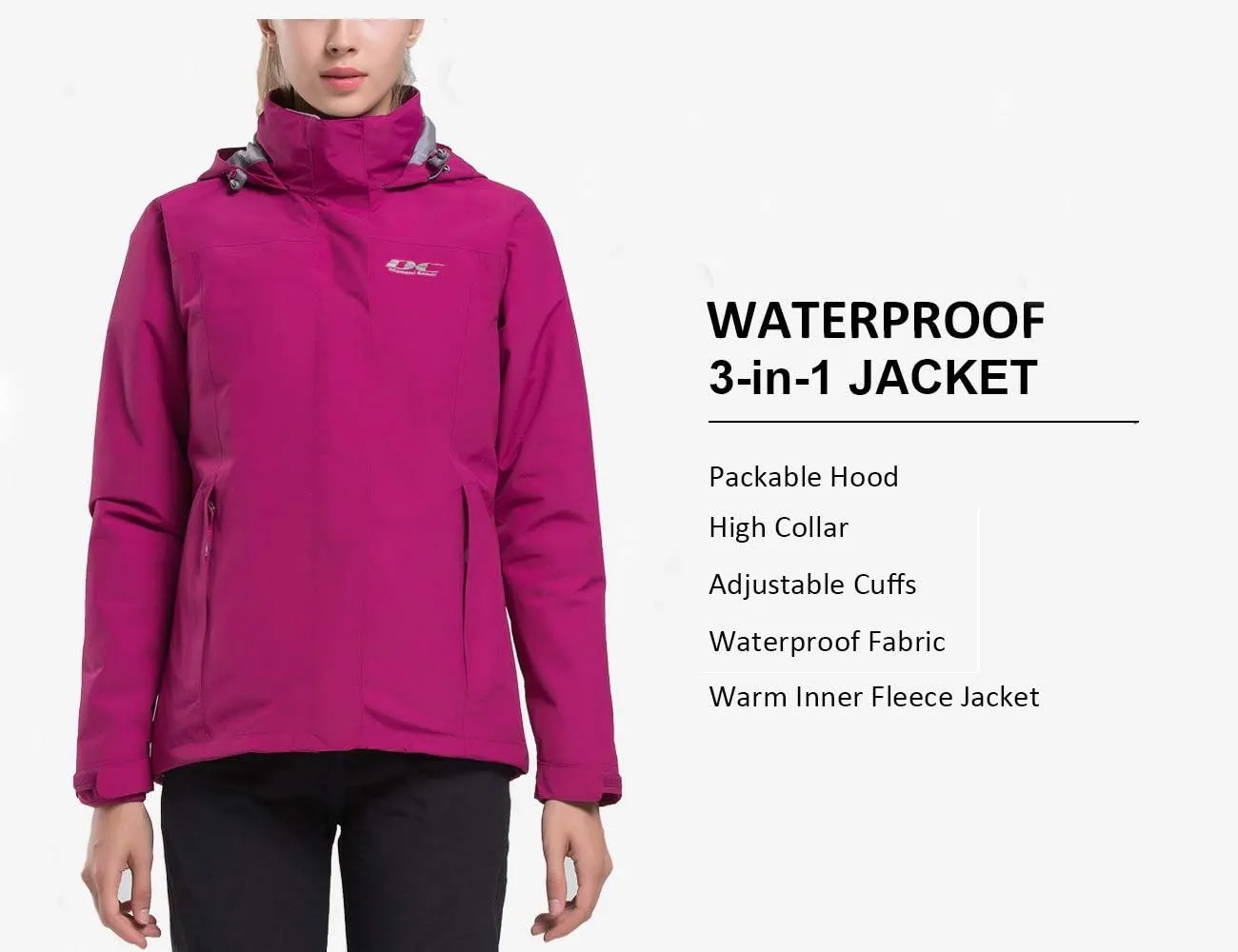 Diamond Candy Womens 3-in-1 Winter Jacket Waterproof Rain Coat with Hood Warm Fleece Ski Jackets