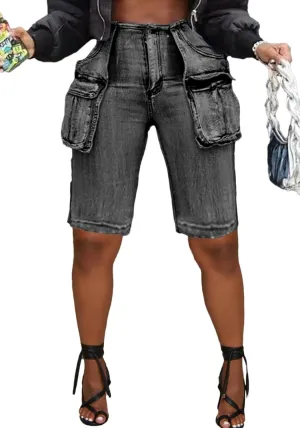 DINGANG Women's Cargo Jean Shorts High Waisted Knee Length Stretchy Bermuda Denim Shorts Flap Pockets