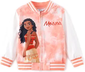 Disney Frozen Elsa Princess Moana Ariel Rapunzel Toddler Girl Varsity Bomber Jacket Lightweight Zip-up Sweatshirt 2-6T