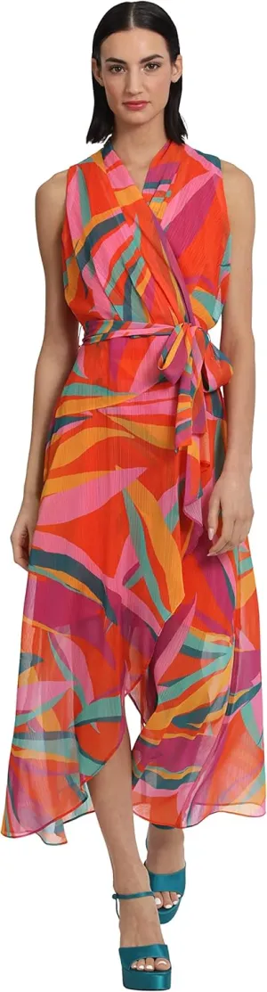Donna Morgan Women's Faux Wrap Shawl Collar High-Low Dress with Waist Tie