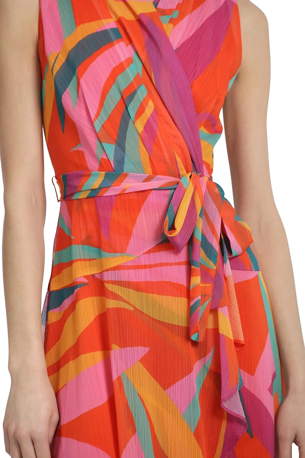 Donna Morgan Women's Faux Wrap Shawl Collar High-Low Dress with Waist Tie