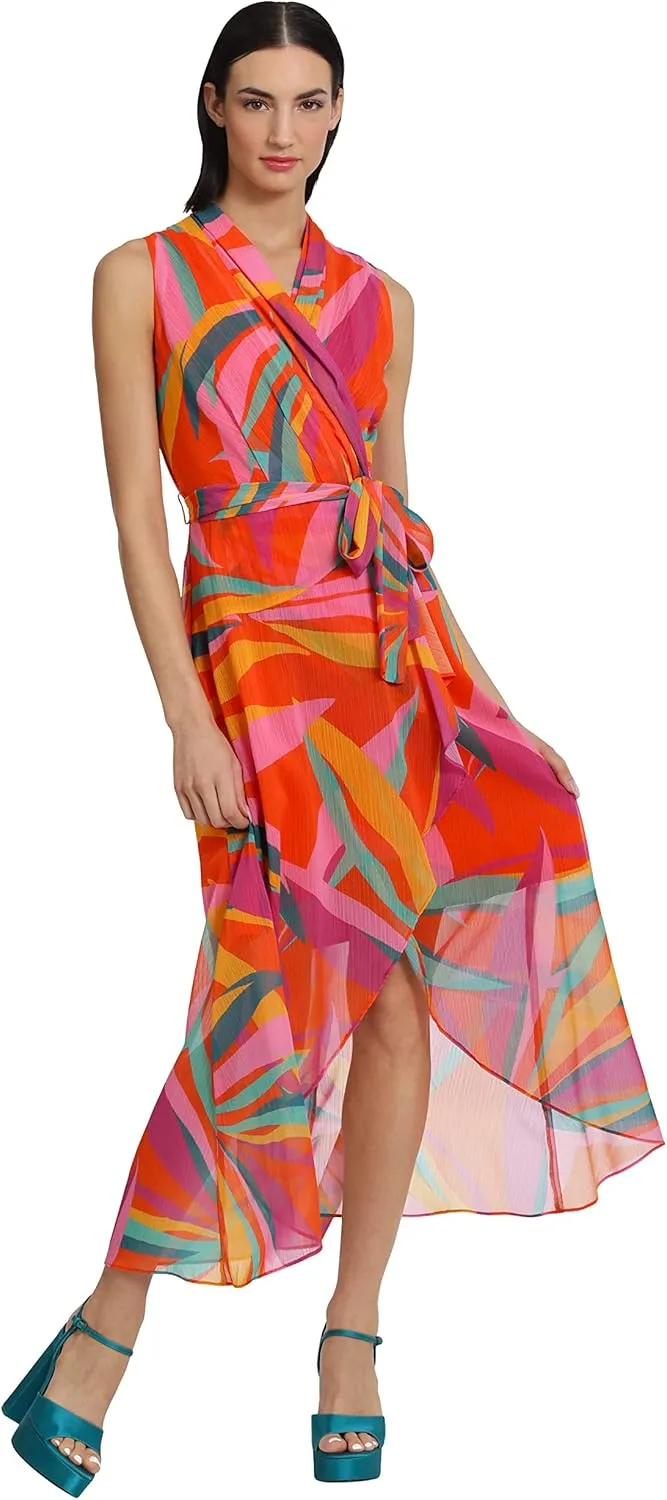 Donna Morgan Women's Faux Wrap Shawl Collar High-Low Dress with Waist Tie