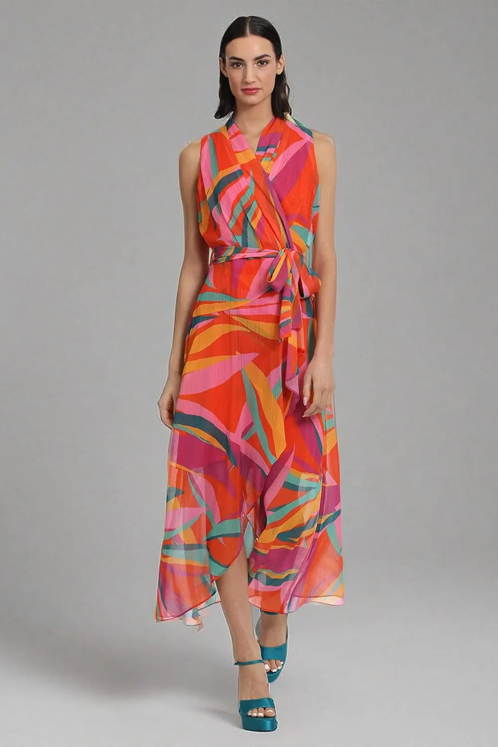 Donna Morgan Women's Faux Wrap Shawl Collar High-Low Dress with Waist Tie