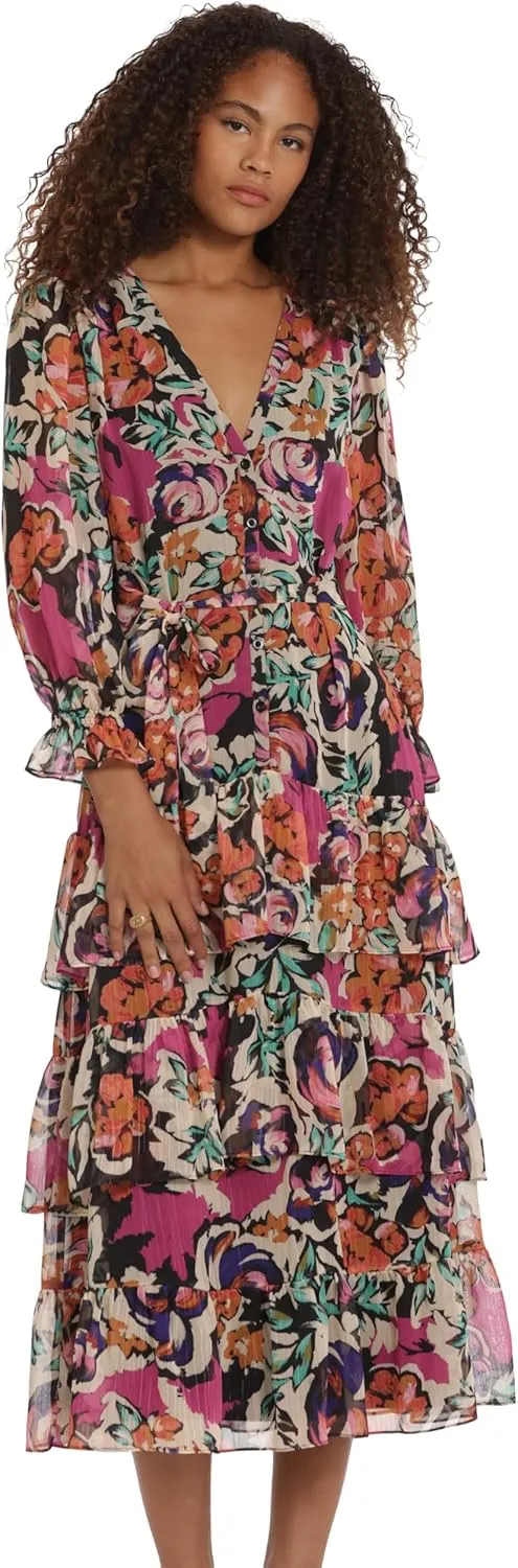 Donna Morgan Women's V-Neck Tiered Skirt Maxi Day Dress Event Party Night Out Guest of