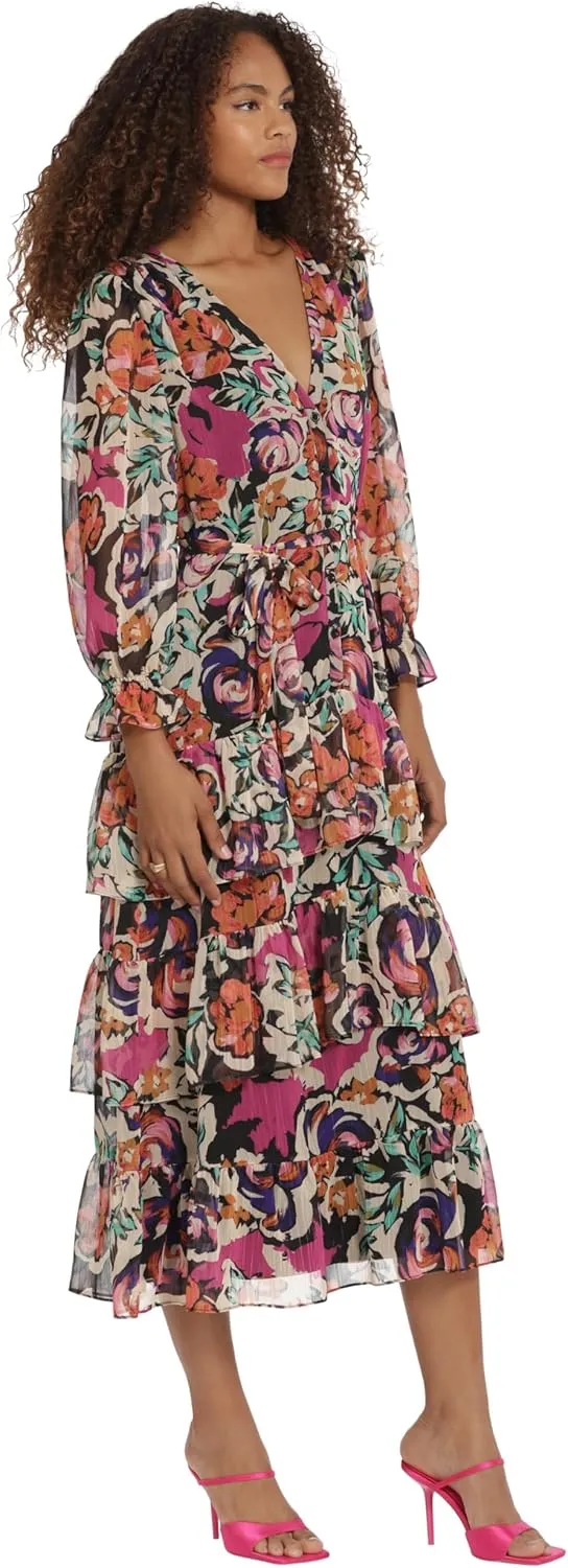 Donna Morgan Women's V-Neck Tiered Skirt Maxi Day Dress Event Party Night Out Guest of