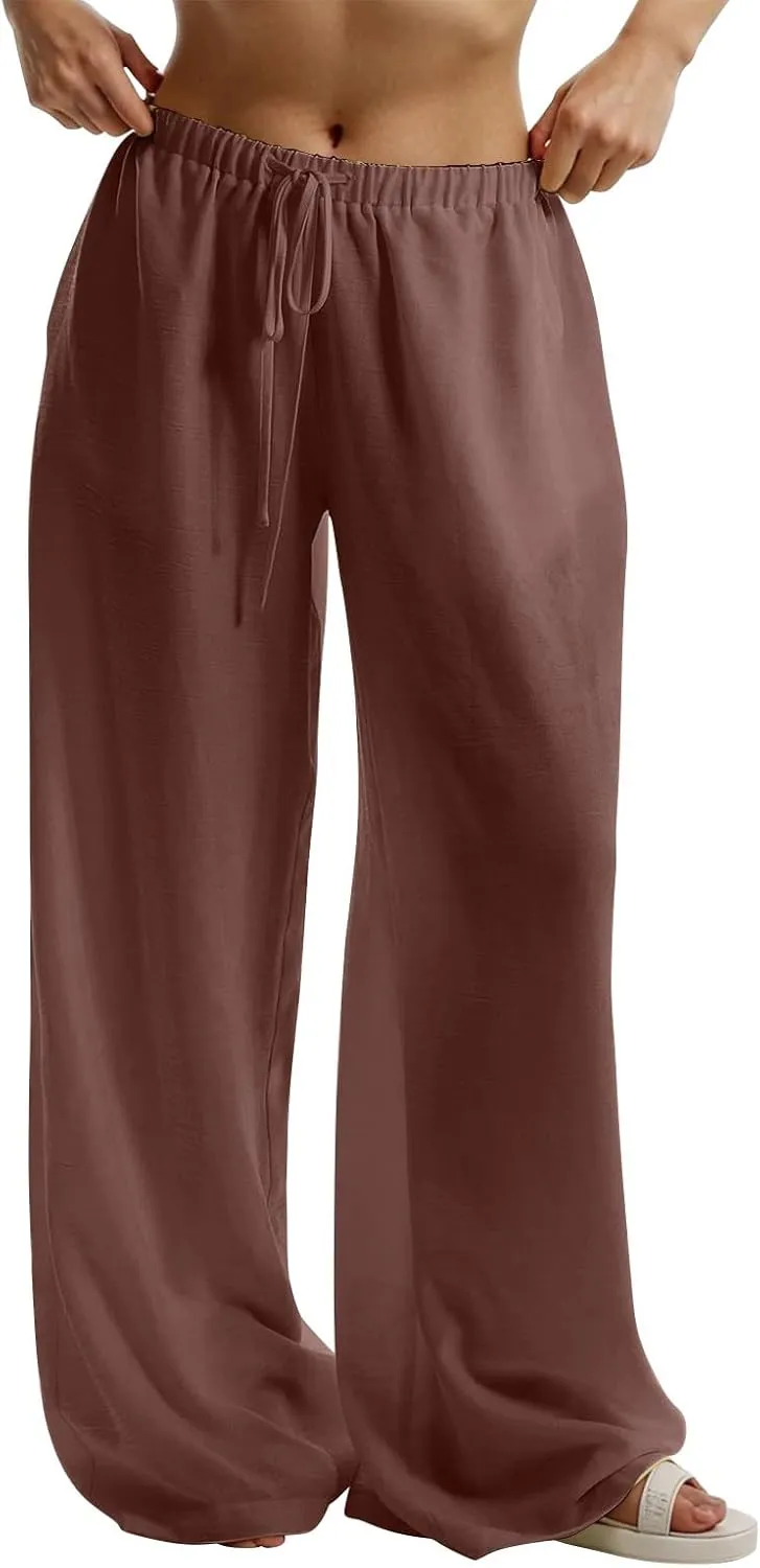 Dress Pants Women Flowy Trousers, Plus Size Pants for Curvy Women Wide Leg Summer Cargo Cotton Linen High Waisted