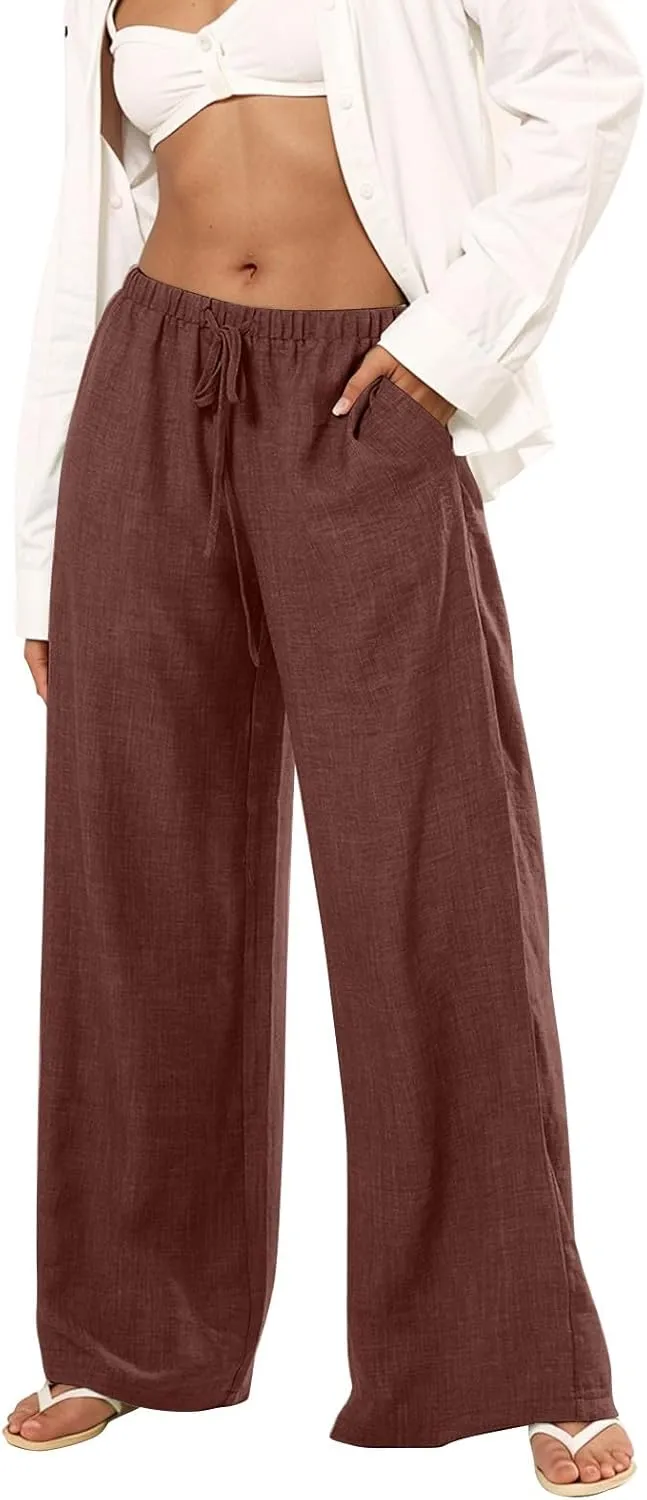 Dress Pants Women Flowy Trousers, Plus Size Pants for Curvy Women Wide Leg Summer Cargo Cotton Linen High Waisted