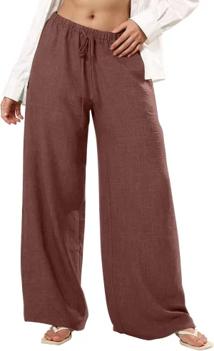 Dress Pants Women Flowy Trousers, Plus Size Pants for Curvy Women Wide Leg Summer Cargo Cotton Linen High Waisted
