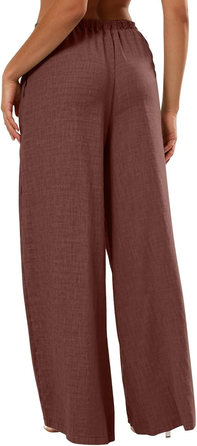 Dress Pants Women Flowy Trousers, Plus Size Pants for Curvy Women Wide Leg Summer Cargo Cotton Linen High Waisted