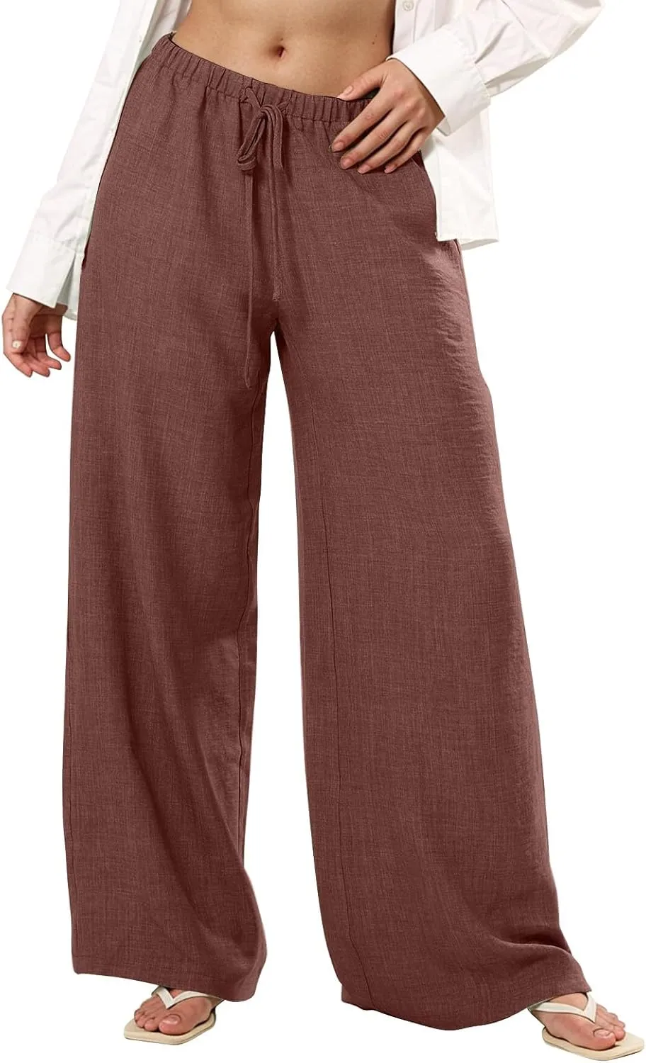 Dress Pants Women Flowy Trousers, Plus Size Pants for Curvy Women Wide Leg Summer Cargo Cotton Linen High Waisted