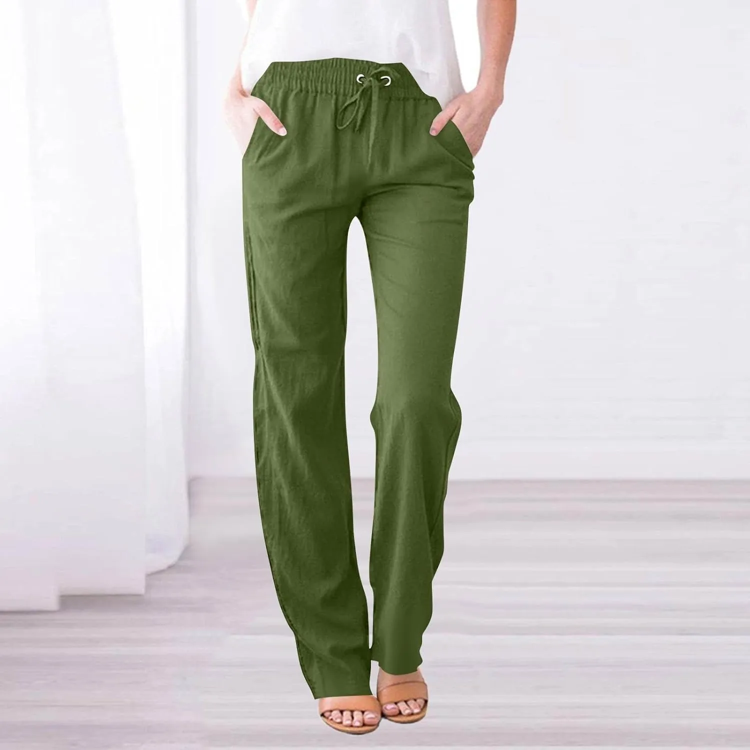 Dress Pants Women High Waisted,Womens Sweatpants Palazzo Straight Leg Trousers Linen Cotton Dressy