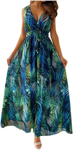 Dresses for Women 2024 Summer Casual Print Bandage Elastic Waist V-Neck Sleeveless Pullover Dress
