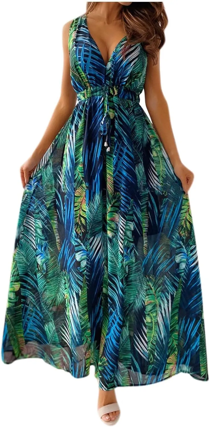 Dresses for Women 2024 Summer Casual Print Bandage Elastic Waist V-Neck Sleeveless Pullover Dress