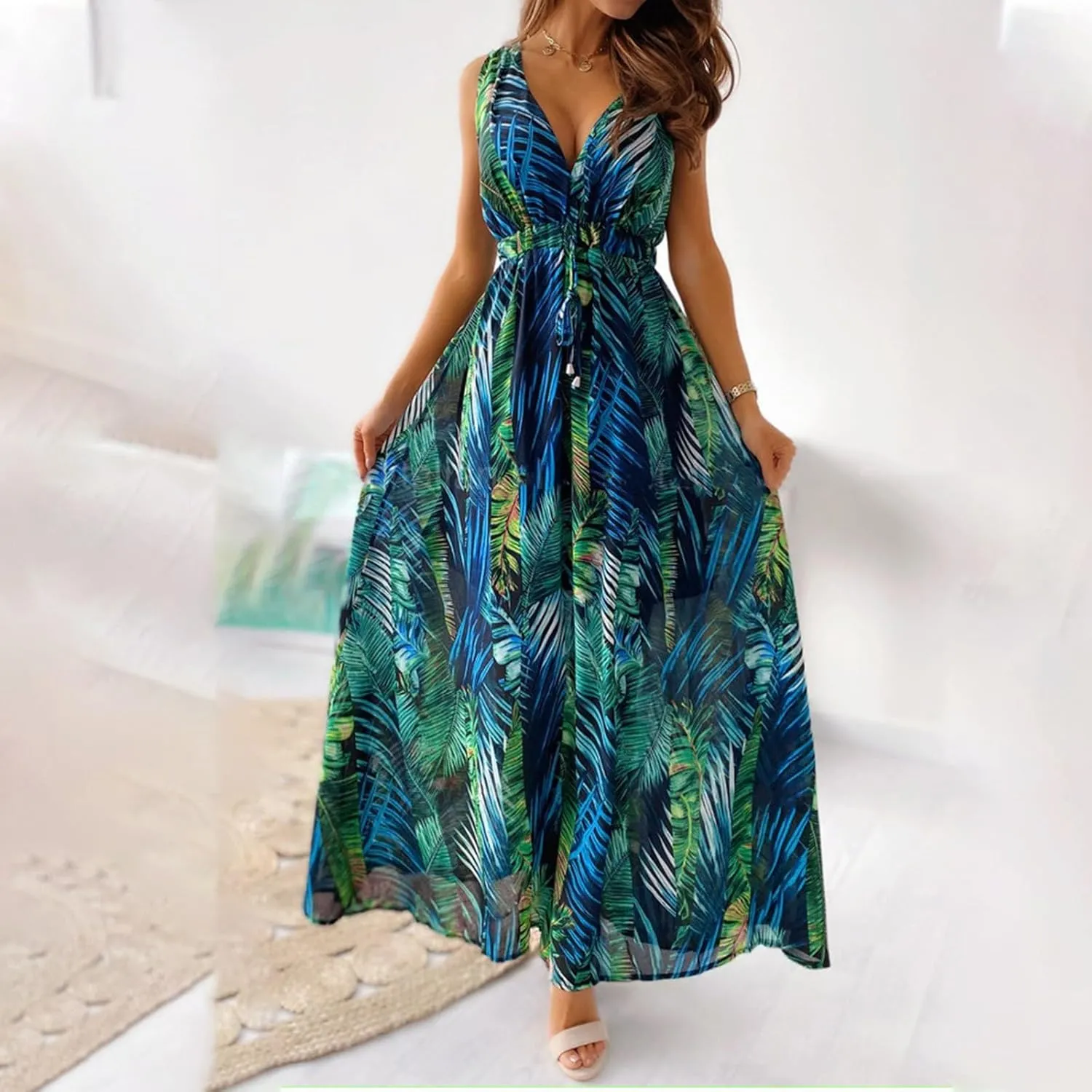 Dresses for Women 2024 Summer Casual Print Bandage Elastic Waist V-Neck Sleeveless Pullover Dress