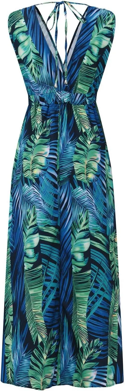 Dresses for Women 2024 Summer Casual Print Bandage Elastic Waist V-Neck Sleeveless Pullover Dress