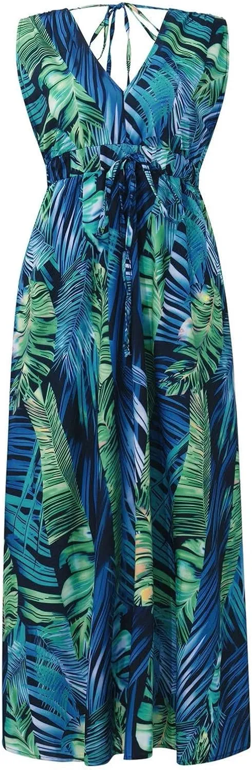 Dresses for Women 2024 Summer Casual Print Bandage Elastic Waist V-Neck Sleeveless Pullover Dress