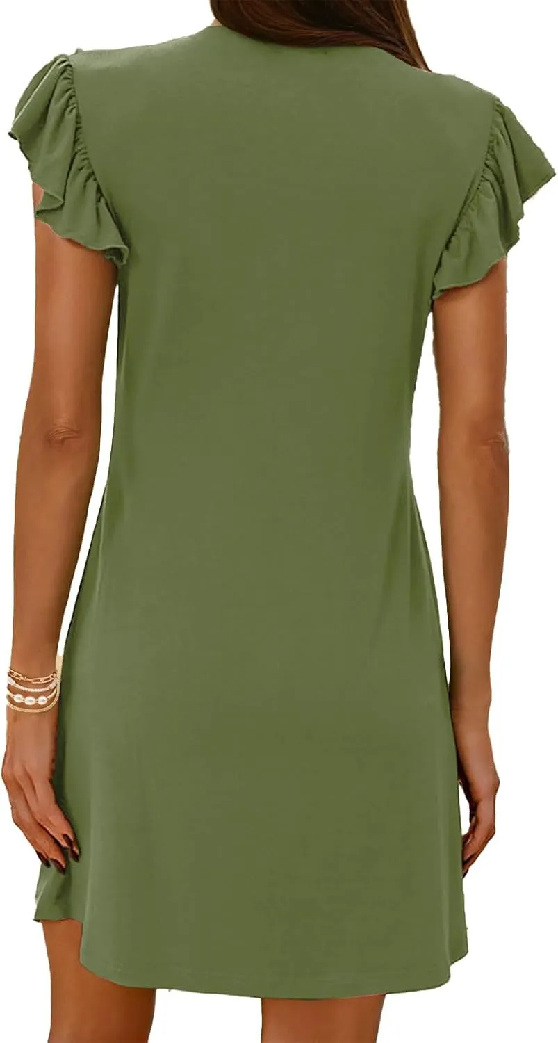 Dresses for Women 2025 Deep V Neck Loose Sundress Ruffle Sleeve Flowy Mini Dress Vacation Holiday Dresses