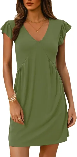 Dresses for Women 2025 Deep V Neck Loose Sundress Ruffle Sleeve Flowy Mini Dress Vacation Holiday Dresses