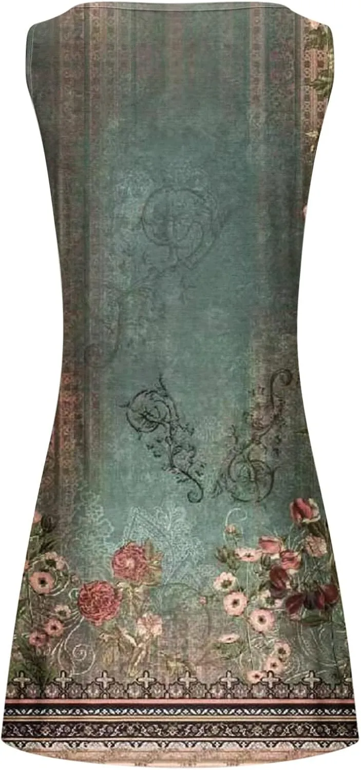 Dresses for Women Casual Sleeveless Mini Dress Fashion Aztec Print Boho Floral Sundress Boho Beach Summer Dress