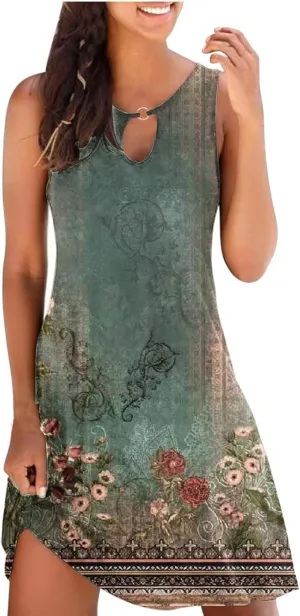 Dresses for Women Casual Sleeveless Mini Dress Fashion Aztec Print Boho Floral Sundress Boho Beach Summer Dress