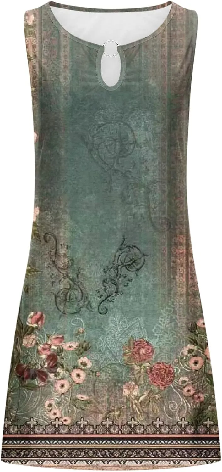 Dresses for Women Casual Sleeveless Mini Dress Fashion Aztec Print Boho Floral Sundress Boho Beach Summer Dress