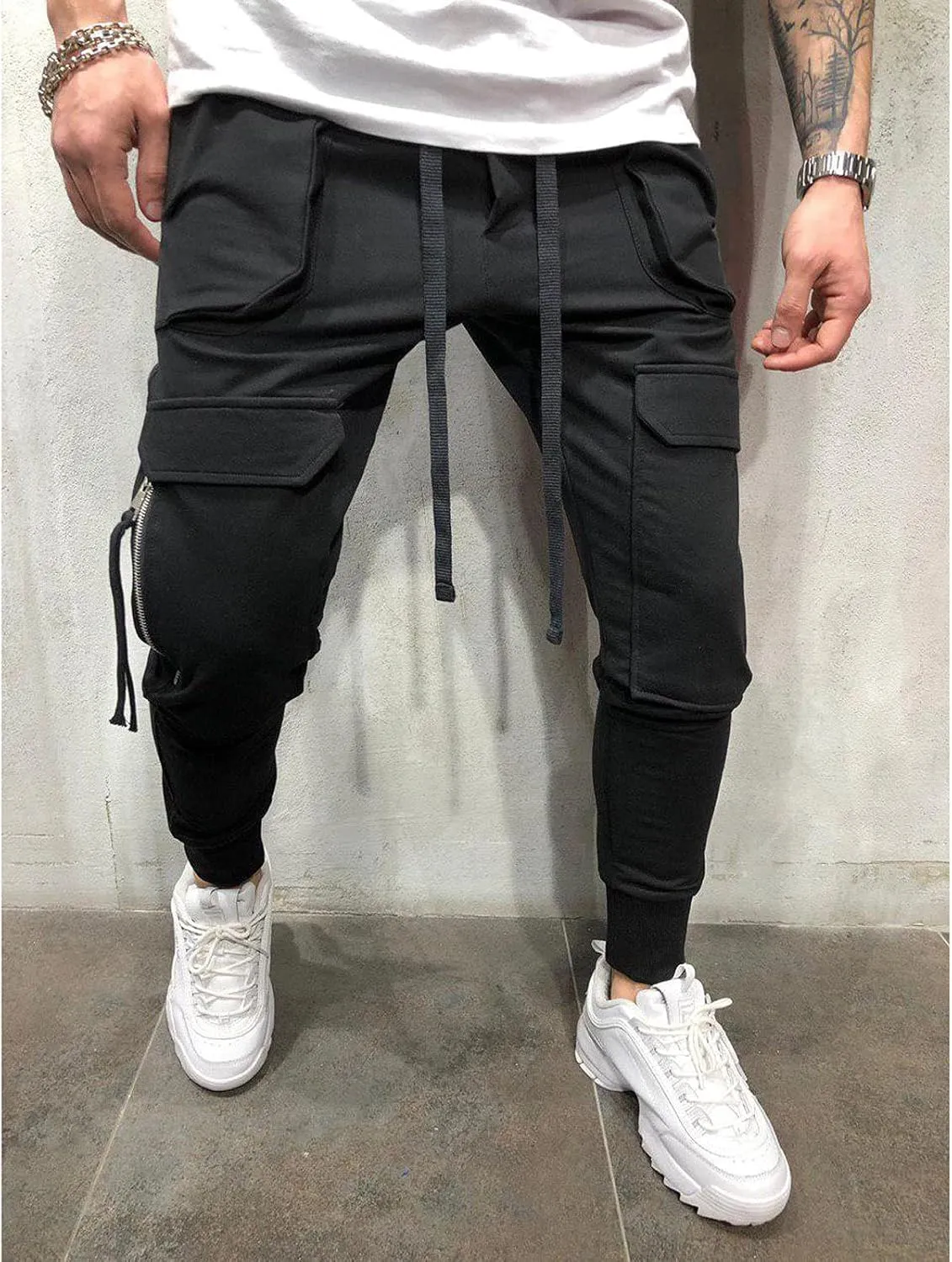 DuDubaby High Waisted Yoga Pants Men's Pockets Pencil Pants Hip Hop Patchwork Sweatpants Mens Pants Slim Fit