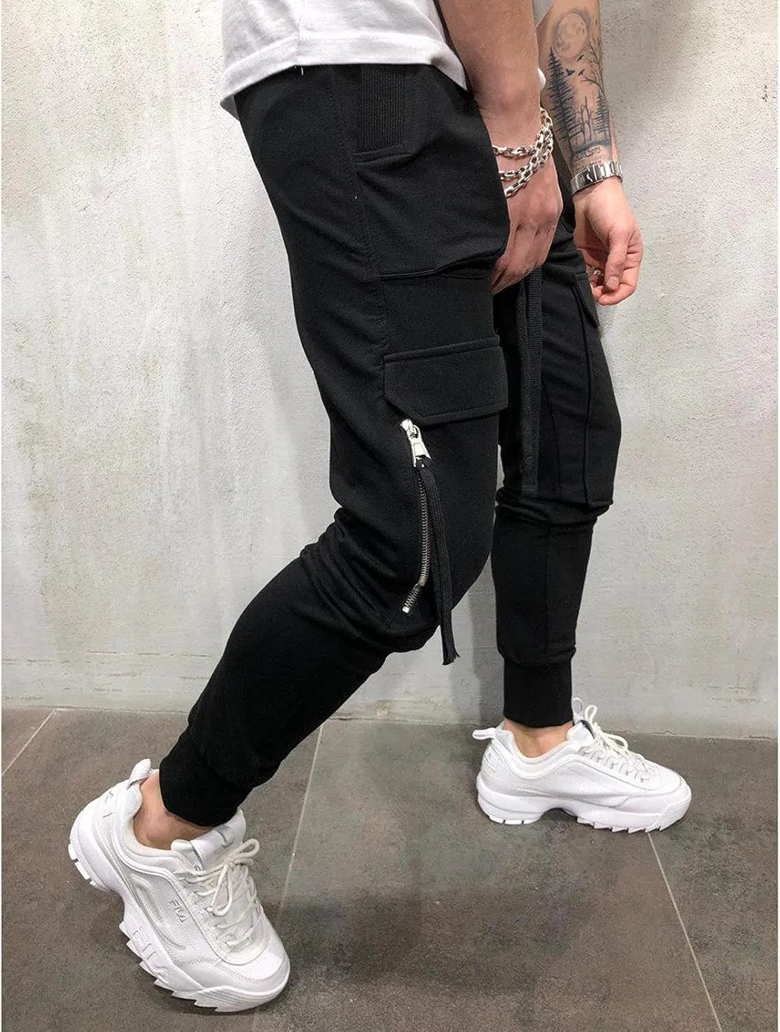 DuDubaby High Waisted Yoga Pants Men's Pockets Pencil Pants Hip Hop Patchwork Sweatpants Mens Pants Slim Fit