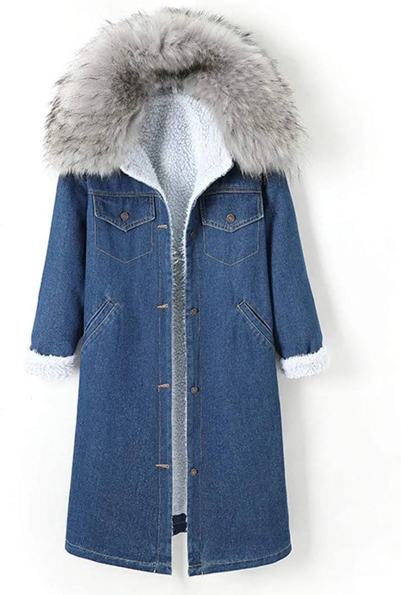 ebossy Women's Sherpa Lined Long Denim Jacket with Removable Faux Fur Collar