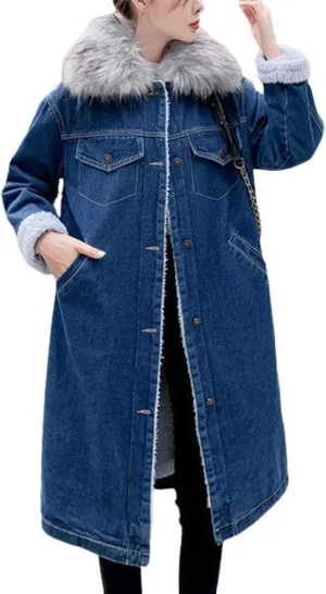 ebossy Women's Sherpa Lined Long Denim Jacket with Removable Faux Fur Collar