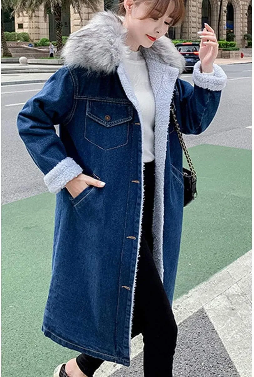 ebossy Women's Sherpa Lined Long Denim Jacket with Removable Faux Fur Collar