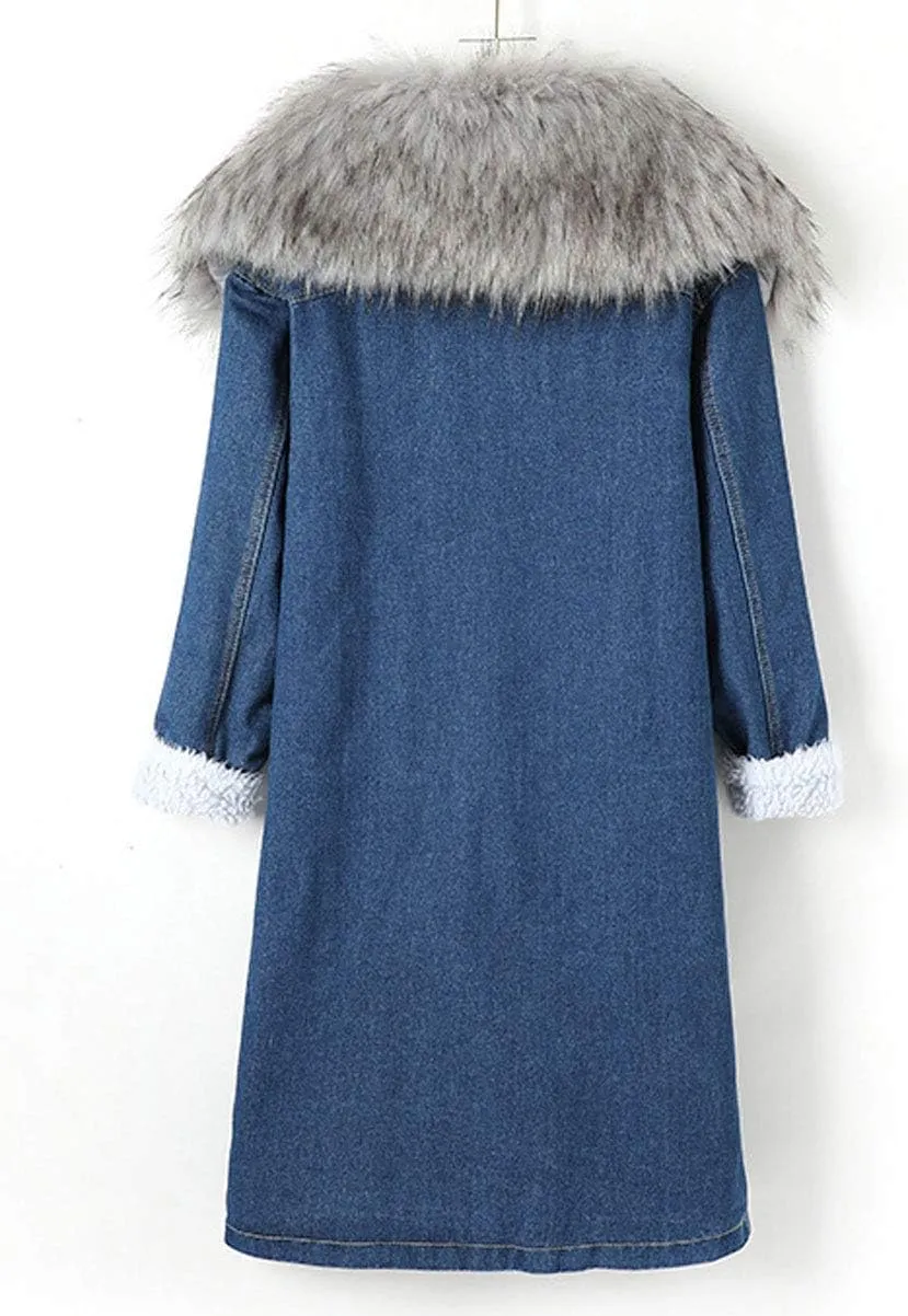 ebossy Women's Sherpa Lined Long Denim Jacket with Removable Faux Fur Collar