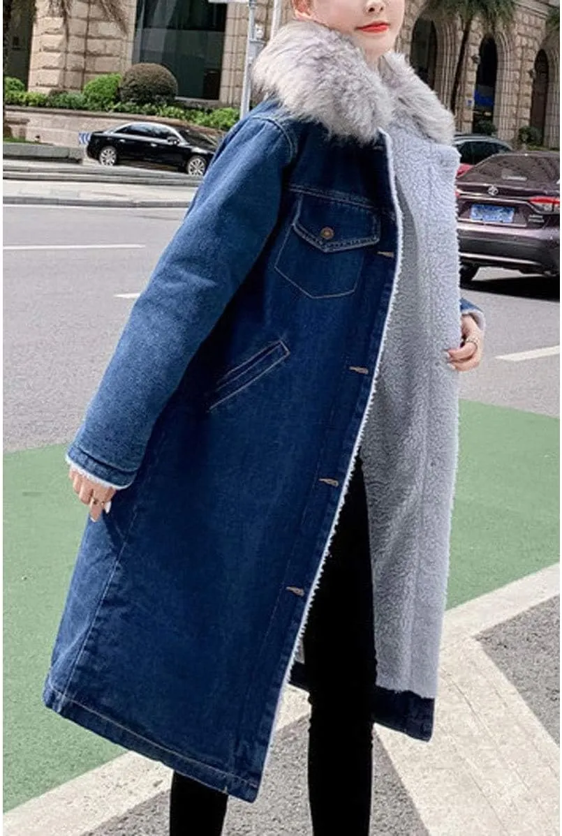 ebossy Women's Sherpa Lined Long Denim Jacket with Removable Faux Fur Collar