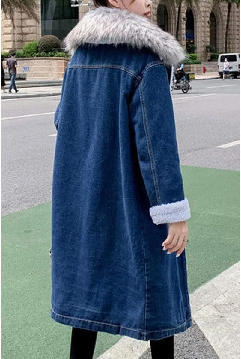 ebossy Women's Sherpa Lined Long Denim Jacket with Removable Faux Fur Collar