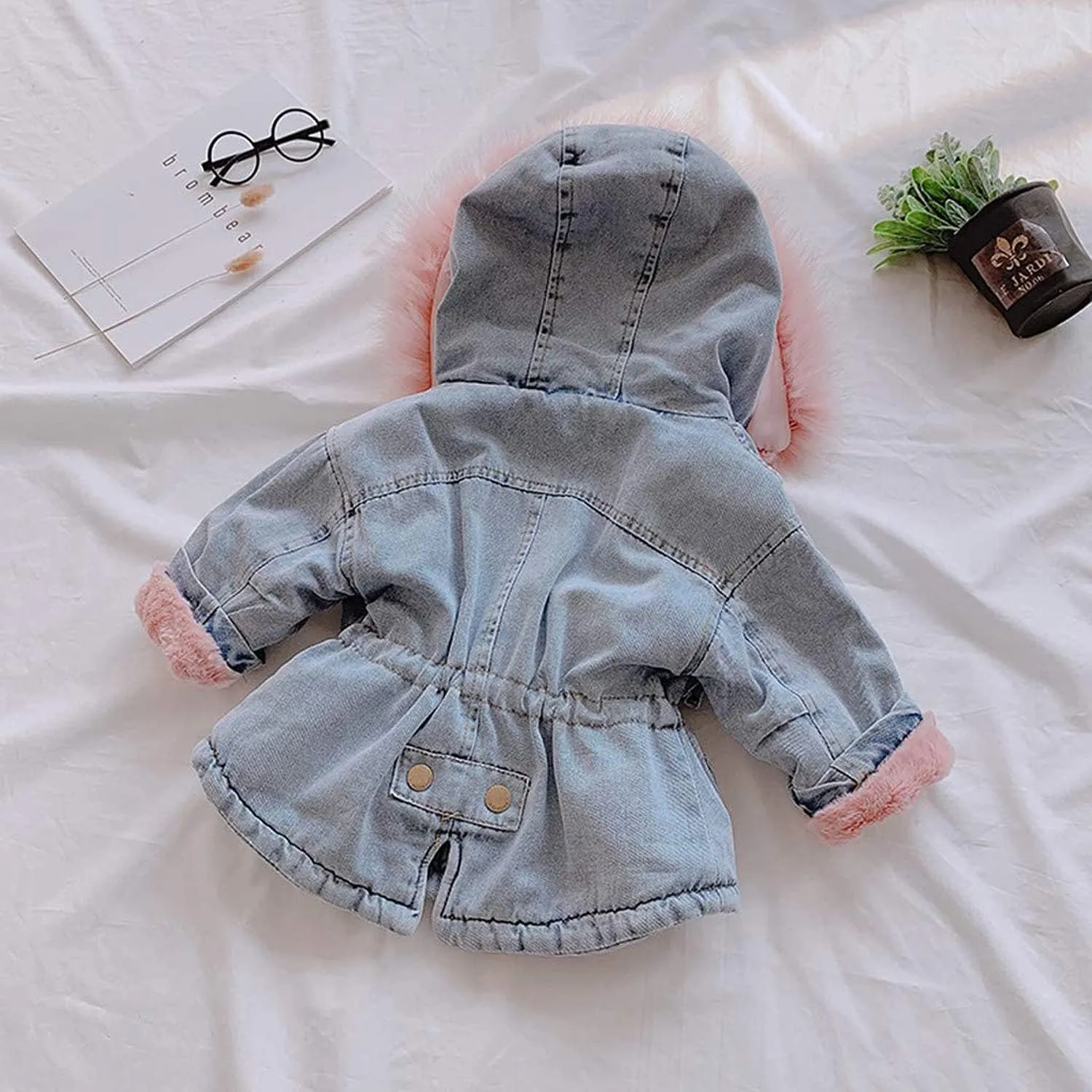 EISHOW Toddler Baby Girls Denim Jacket Faux Fur Collar Hooded Jean Coat Warm Thicken Fleece Lined Plush Jean Outwear Snowsuit