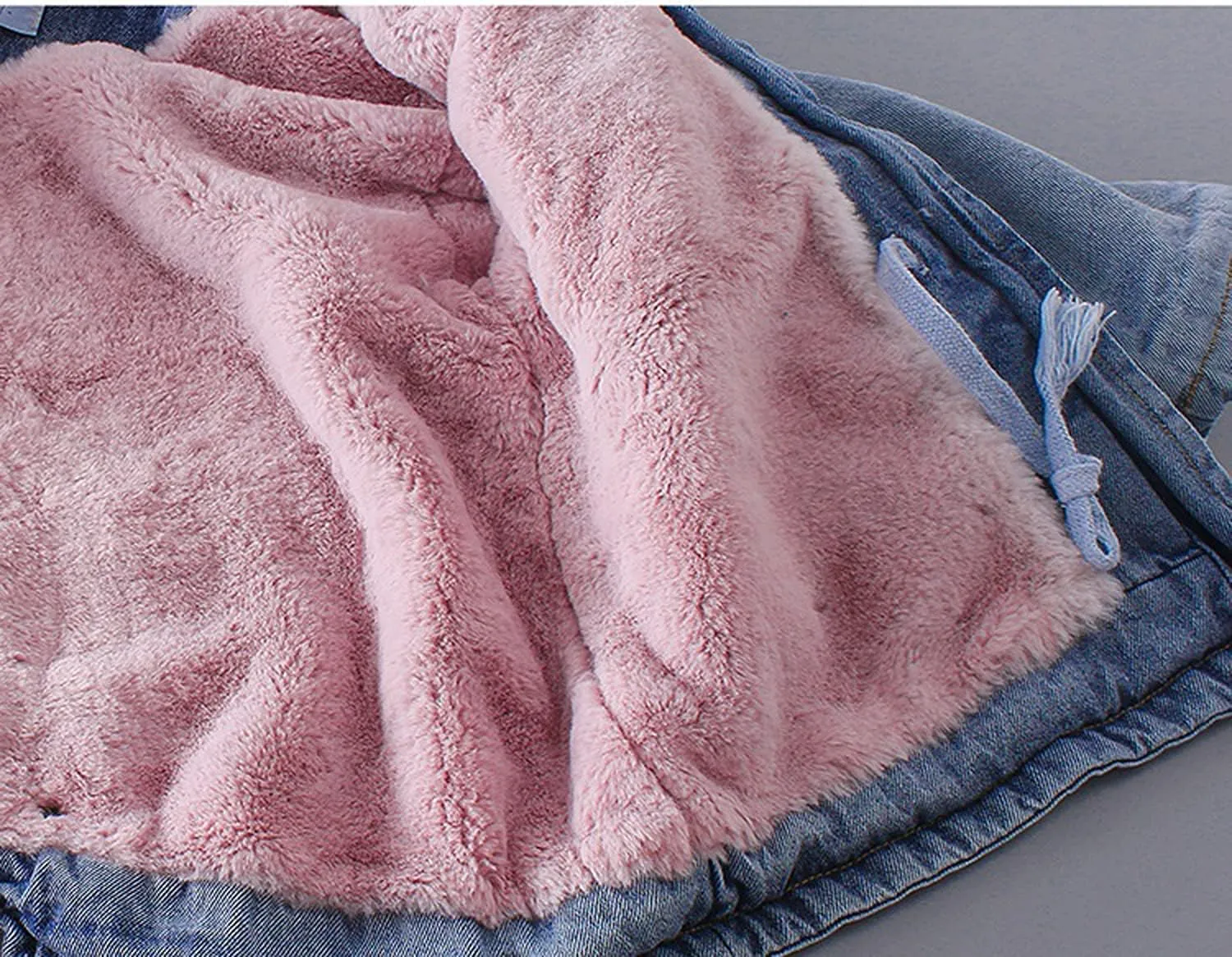 EISHOW Toddler Baby Girls Denim Jacket Faux Fur Collar Hooded Jean Coat Warm Thicken Fleece Lined Plush Jean Outwear Snowsuit