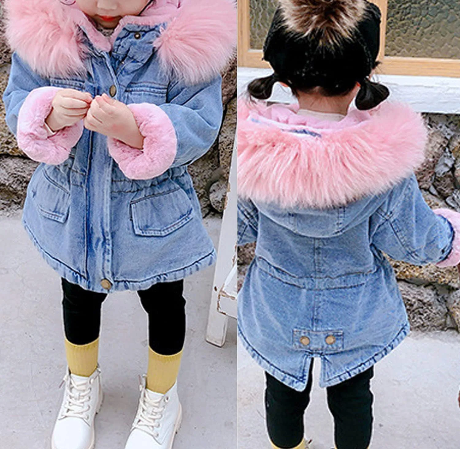 EISHOW Toddler Baby Girls Denim Jacket Faux Fur Collar Hooded Jean Coat Warm Thicken Fleece Lined Plush Jean Outwear Snowsuit