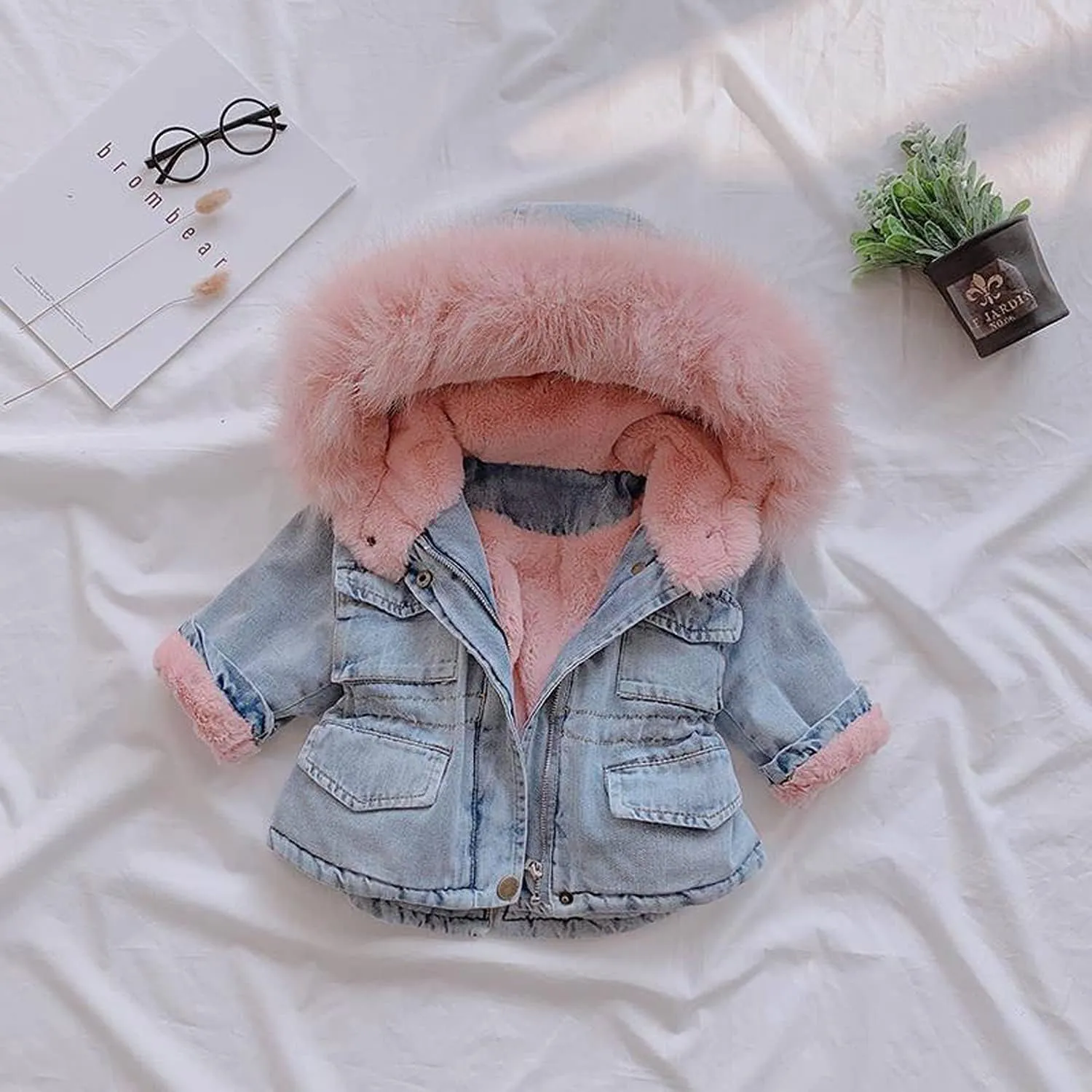 EISHOW Toddler Baby Girls Denim Jacket Faux Fur Collar Hooded Jean Coat Warm Thicken Fleece Lined Plush Jean Outwear Snowsuit
