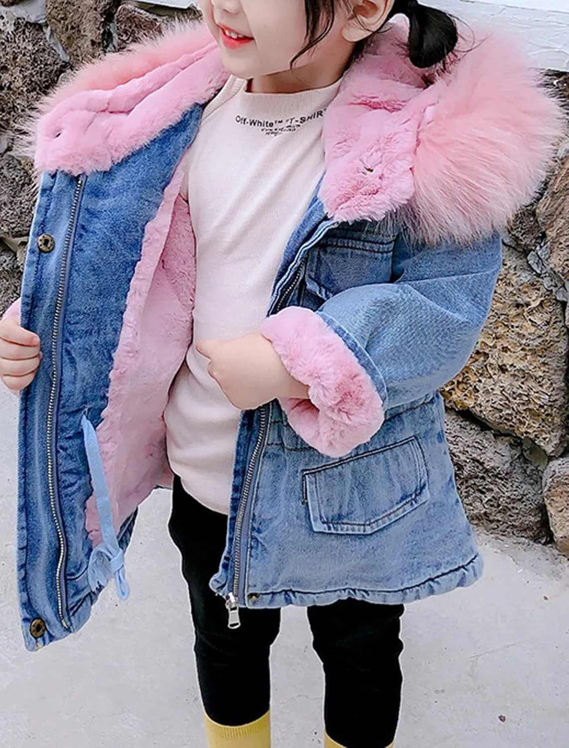 EISHOW Toddler Baby Girls Denim Jacket Faux Fur Collar Hooded Jean Coat Warm Thicken Fleece Lined Plush Jean Outwear Snowsuit