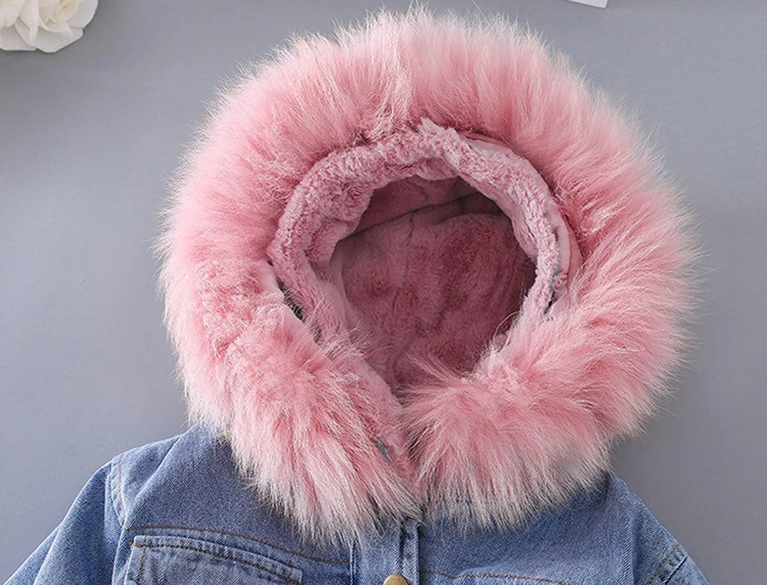 EISHOW Toddler Baby Girls Denim Jacket Faux Fur Collar Hooded Jean Coat Warm Thicken Fleece Lined Plush Jean Outwear Snowsuit